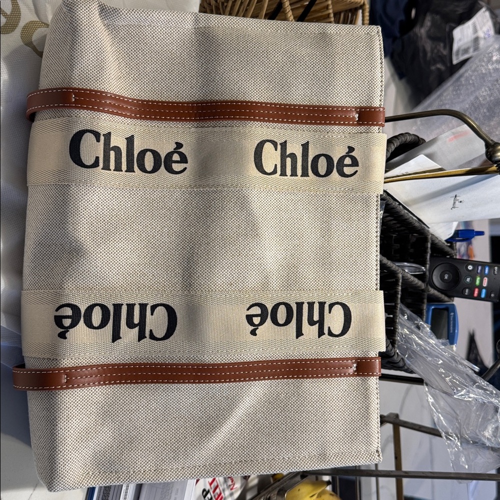 Chloé Beige Canvas Tote with Tan Leather